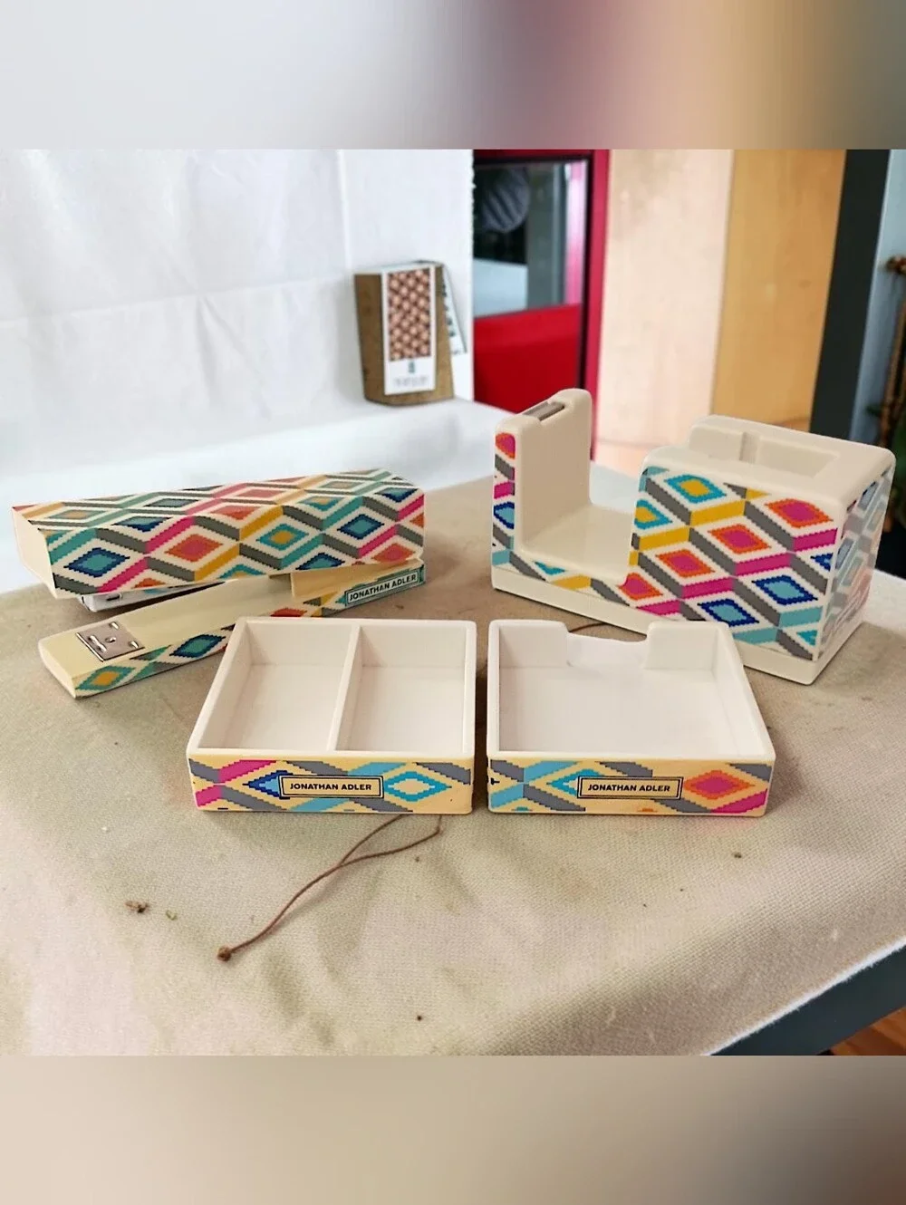 Vintage Jonathan Adler Desk Set Organizer Tape Dispenser Stapler Memo Tray 4‎ Pc